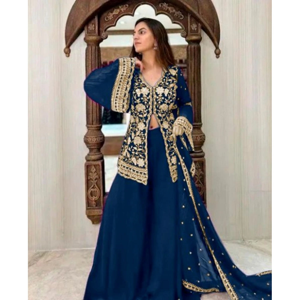 Morpich Georgette embroidery V-neck kurti and palazzo set with dupatta - women's fashion, full-length 3/4 sleeve