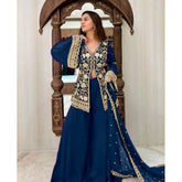 Morpich Georgette embroidery V-neck kurti and palazzo set with dupatta - women's fashion, full-length 3/4 sleeve