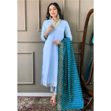 Women's Rama Roman Silk Embroidery V-Neck Kurti & Pant Dupatta Set, intricate embroidery detailing on calf-length 3/4 sleeve kurti