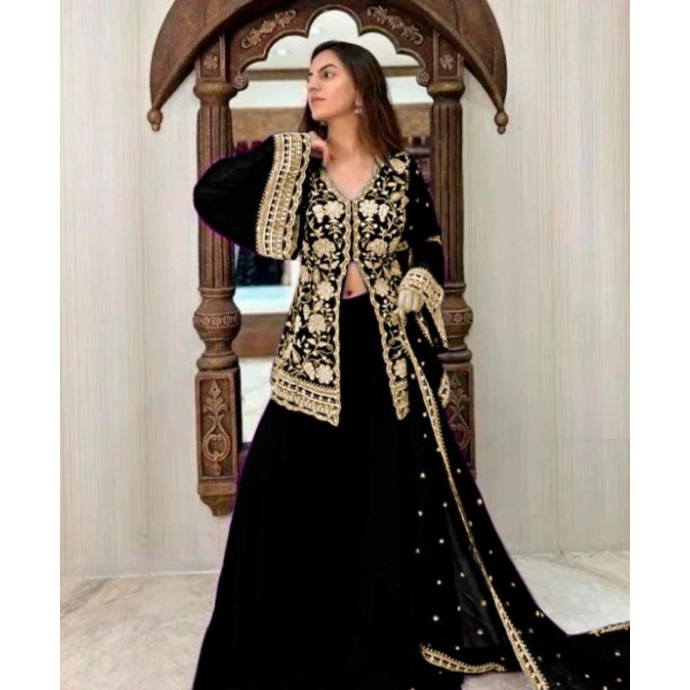 Black Georgette Embroidery V-Neck Kurti, Palazzo & Dupatta Set - Traditional Indian women's fashion accessory with embroidered detailing on full-length kurti and matching palazzo pants & dupatta