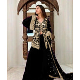 Black georgette embroidery kurti set with palazzo and dupatta, 3-4th sleeve V-neck design