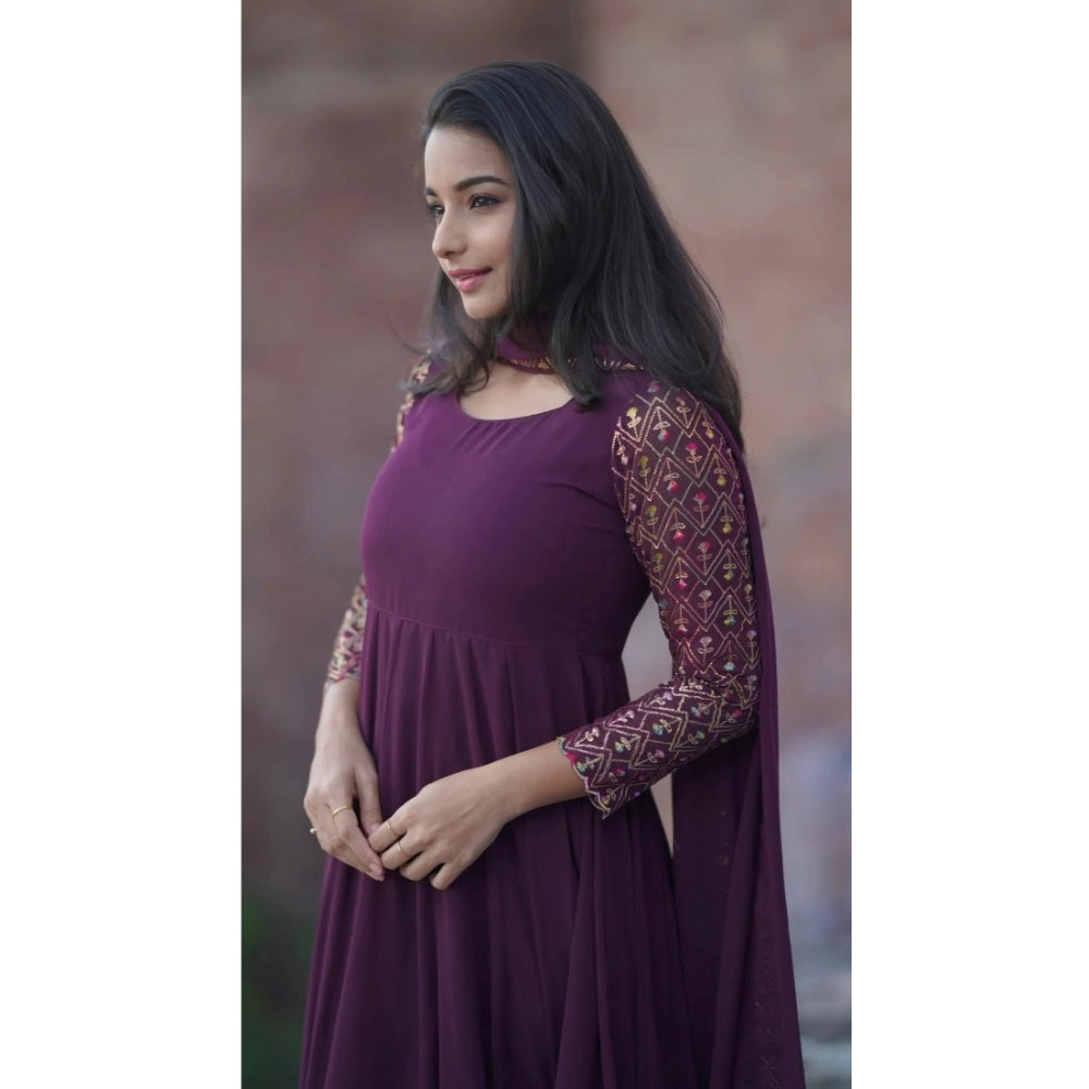 Wine Georgette embroidery kurti set with dupatta, intricate round neck and calf-length sleeves