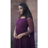 Wine Georgette embroidery kurti set with dupatta, intricate round neck and calf-length sleeves