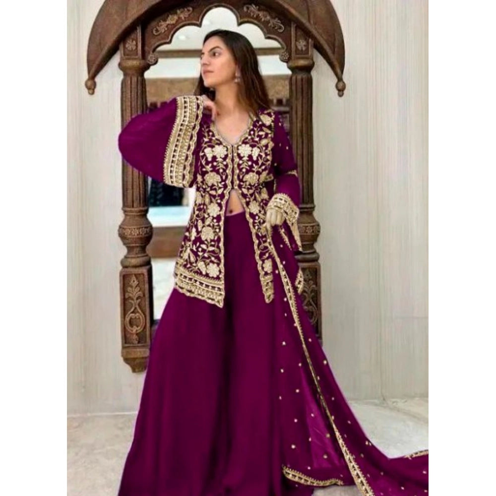Women's wine-colored Georgette embroidery V-neck kurti & palazzo set with dupatta, intricate design on full-length 3/4 sleeves