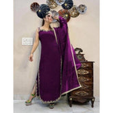 Wine Georgette embroidery sleeveless round neck kurti with palazzo and dupatta set - intricate, ankle-length Indian fashion wear