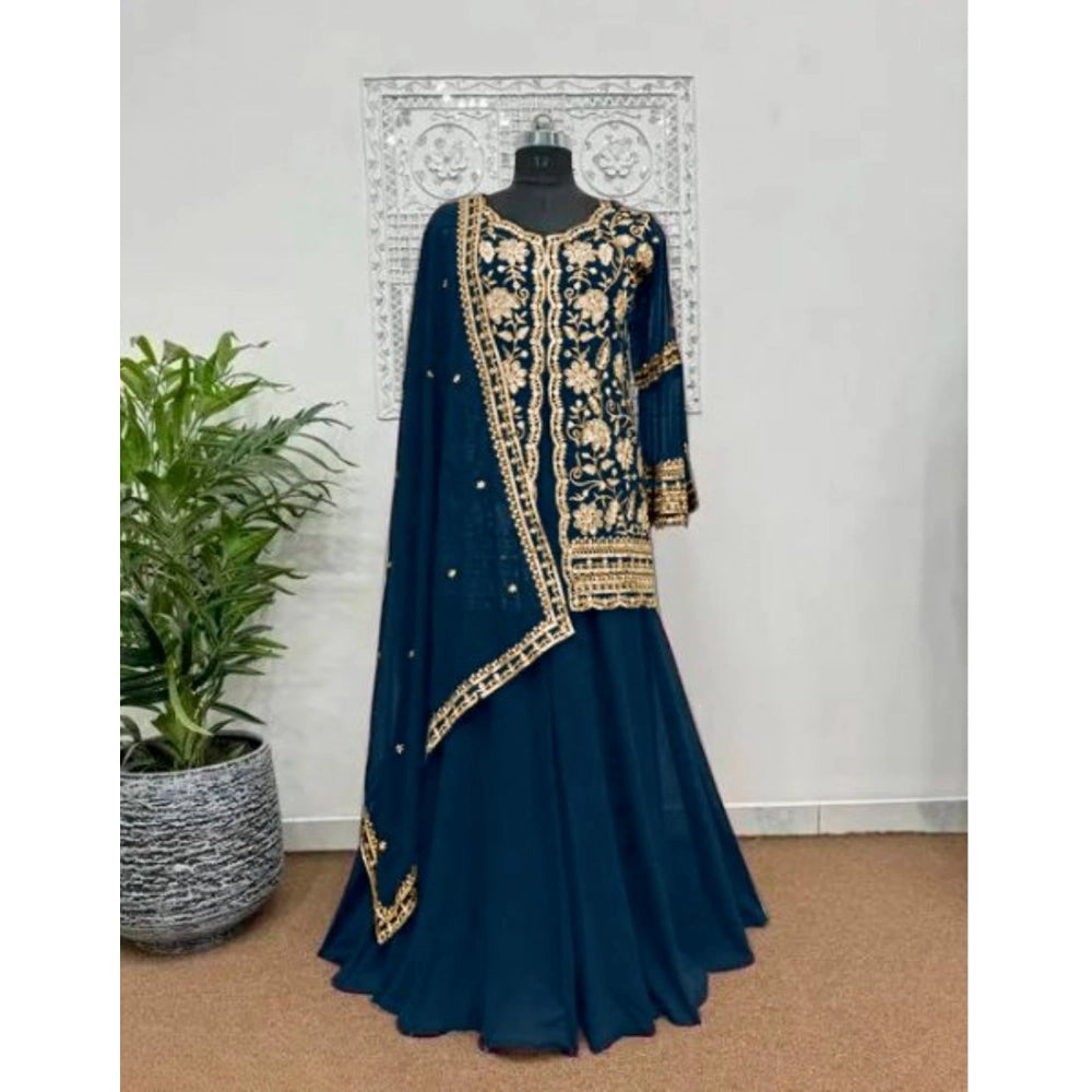 Morpich Georgette Embroidery V-Neck Kurti & Palazzo Set with matching dupatta, full-length 3/4 sleeves