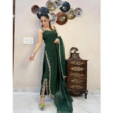 Green Georgette Embroidery Sleeveless Round Neck Kurti, Palazzo, and Dupatta set - intricate embroidered Indian fashion on display