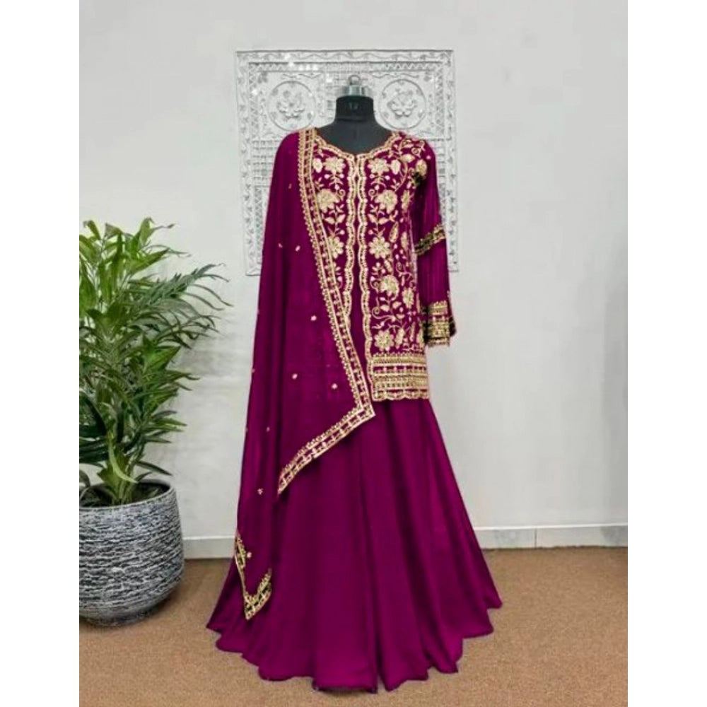 Women's wine-colored georgette embroidery V-neck kurti and palazzo set with dupatta, full-length 3-4th sleeves