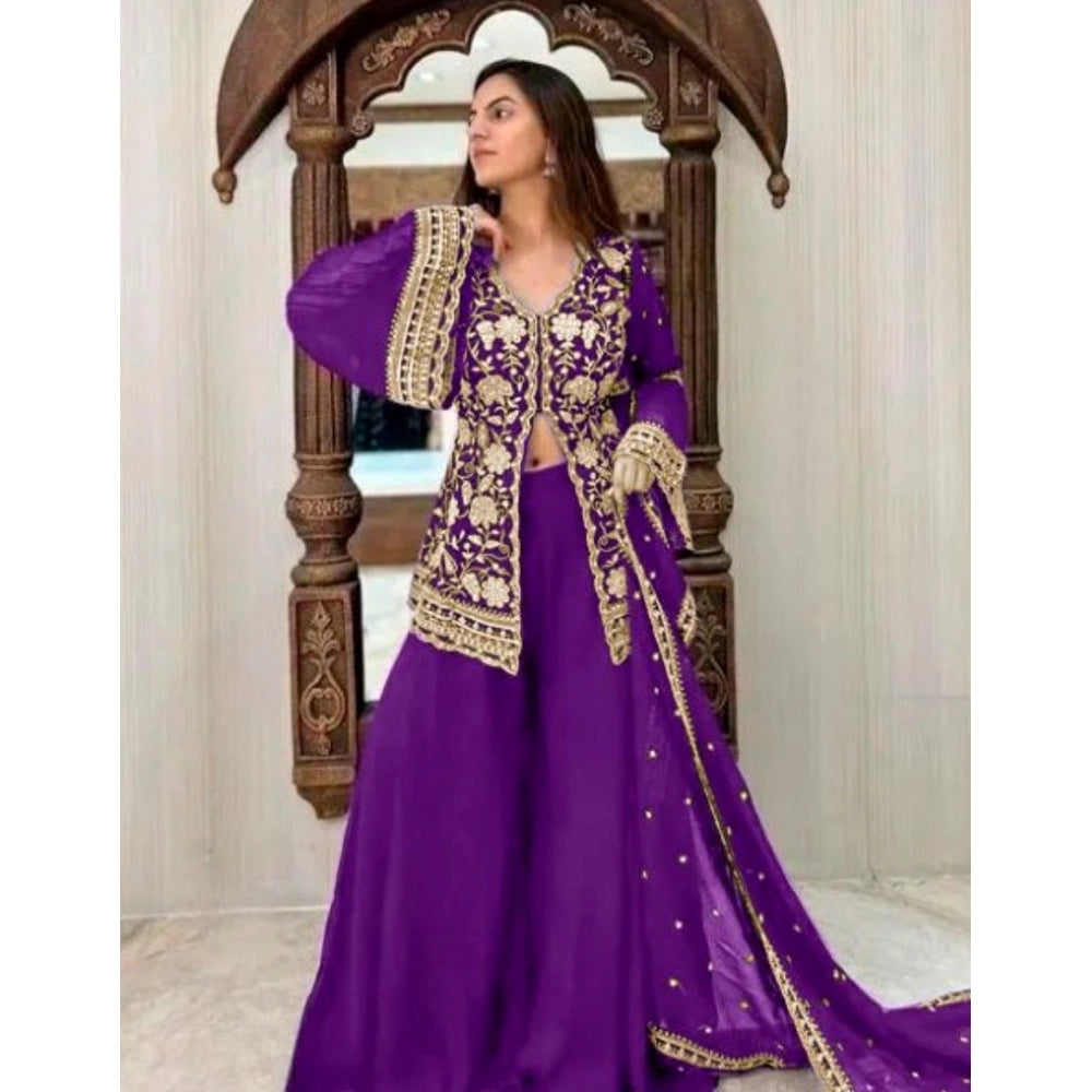 Purple Georgette embroidery V-neck kurti, palazzo & dupatta set - intricate detailing on full-length 3/4 sleeve fashion outfit