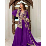 Purple Georgette embroidery V-neck kurti, palazzo & dupatta set - intricate detailing on full-length 3/4 sleeve fashion outfit