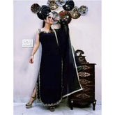 Black georgette embroidery sleeveless round neck kurti set with palazzo and dupatta, intricate embroidery detailing on display