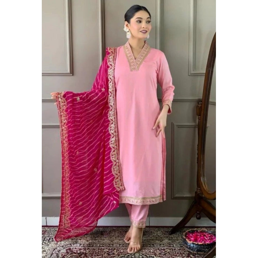 Pink Roman Silk Embroidery V-Neck Kurti with Pant Dupatta Set, intricate silk embroidery on traditional Indian attire
