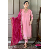 Pink Roman Silk Embroidery V-Neck Kurti with Pant Dupatta Set, intricate silk embroidery on traditional Indian attire