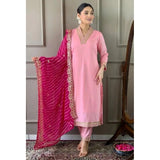 Pink Roman Silk Embroidery V-Neck Kurti with Pant Dupatta Set, intricate silk embroidery on traditional Indian attire