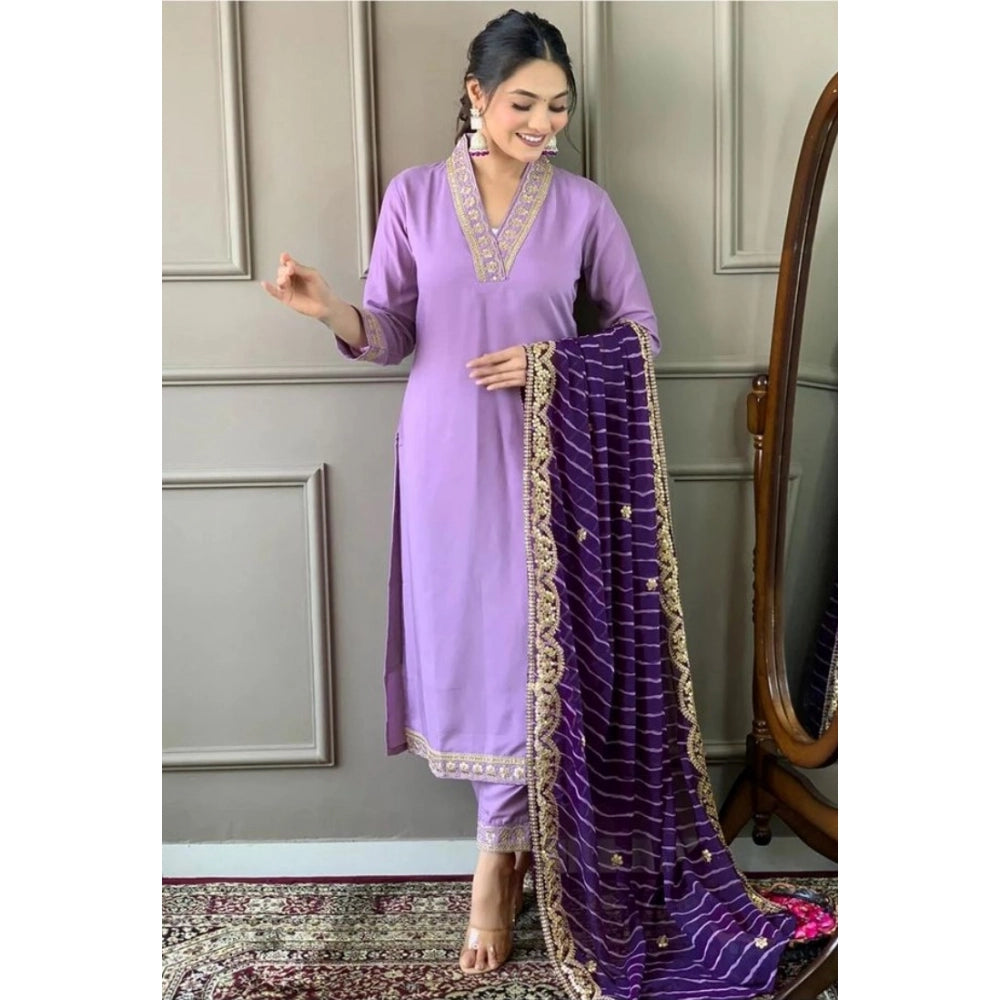 Lavender Roman Silk embroidery V-Neck kurti with pant dupatta set, intricate pattern detail on full-length outfit