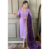 Lavender Roman Silk Embroidery V-Neck Kurta with Pant Dupatta set, detailed embroidery on traditional Indian women's wear