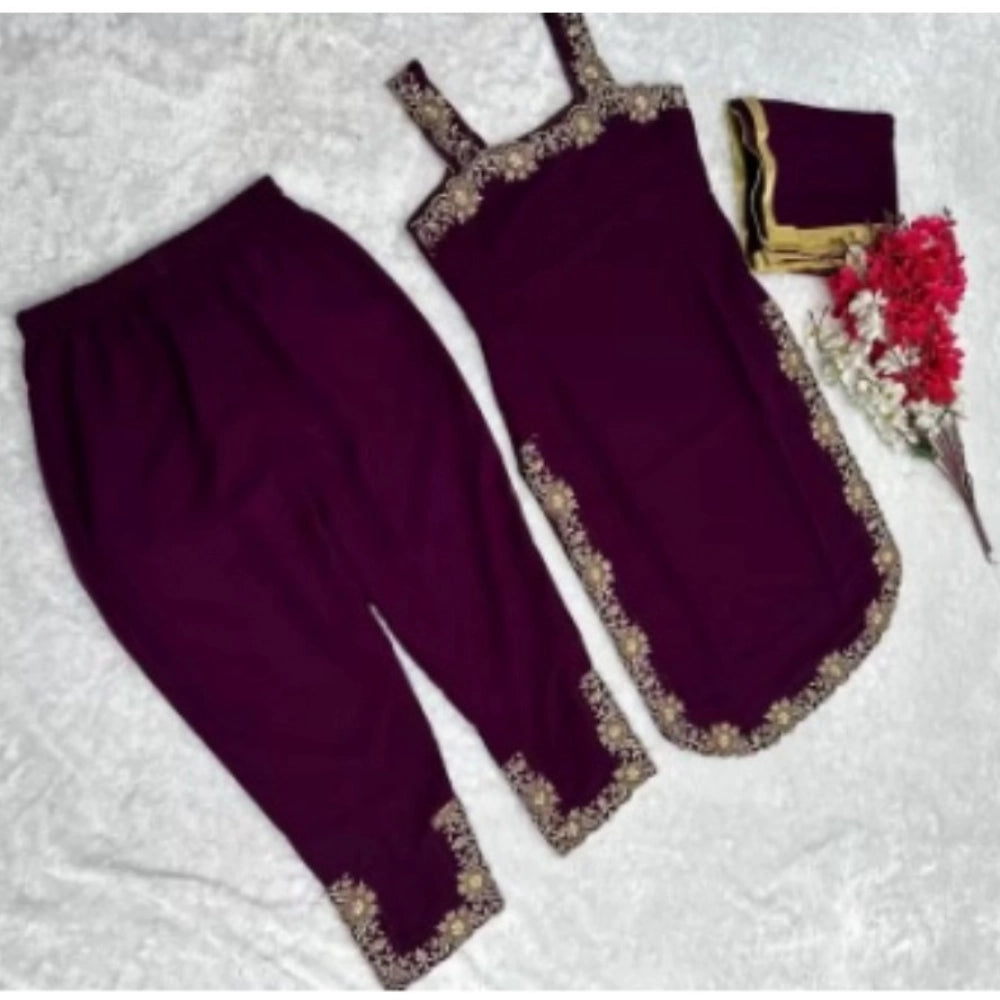 Women's wine-colored georgette embroidery sleeveless round neck kurti, palazzo and dupatta set - intricate embroidered traditional Indian attire on display