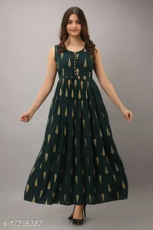 Rayon sleeveless printed gown, vibrant floral pattern, women's fashion from India - M (38in bust, 50in length), L, XL, XXL