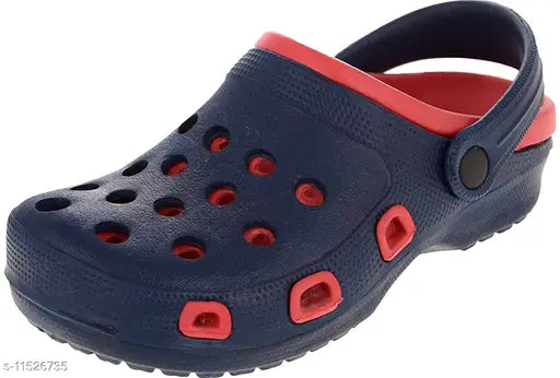 Black synthetic clogs for men, slip-on style in solid black, India-made footwear on display rack