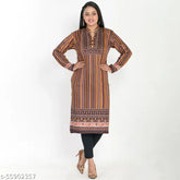 Multicolor woolen A-line kurti for women, featuring printed design. Hand wash only, perfect for office, college, or festive occasions. Indian origin