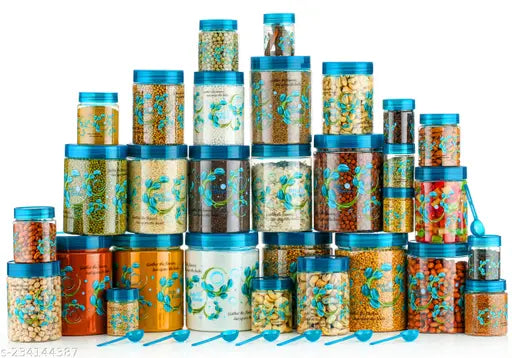 Green premium plastic dry fruit jars (2000ML, 1200ML, 650ML, 350ML, 250ML), airtight and stackable for home storage (pack of 30)