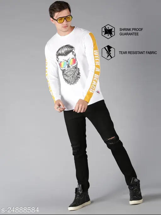 White cotton long sleeves graphic print round t-shirt for men, soft and breathable, India origin