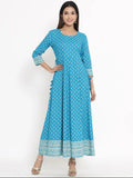 Blue printed rayon Anarkali Kurta with three-quarter sleeves, Indian women's fashion on mannequin