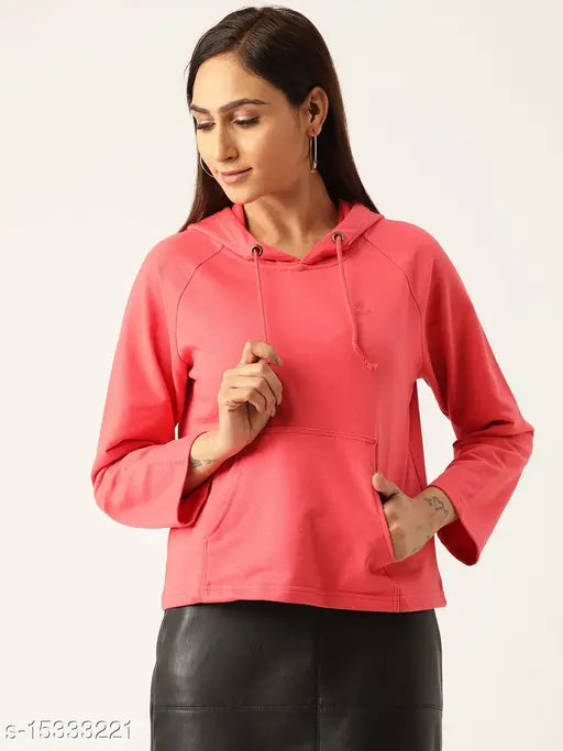Laabha women's pink solid hooded pullover sweatshirt, fleece material, XS-XXL sizes available