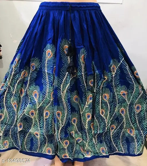 Peacock feather print rayon skirt, free size, self-design, India origin