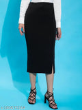 Black polyester pencil skirt with side slit, solid design for women's fashion in multiple sizes (26-34 in waist, 32-38 in hip)