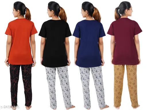 Cotton print nightgown set, short sleeves, Beautiful Women Nightsuits from India (S, M, L, XL, 3XL)