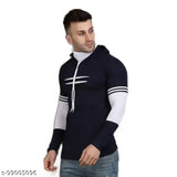 Navy blue cotton blend long sleeve solid color hoodie with built-in mask for men, trendy and comfortable casual wear