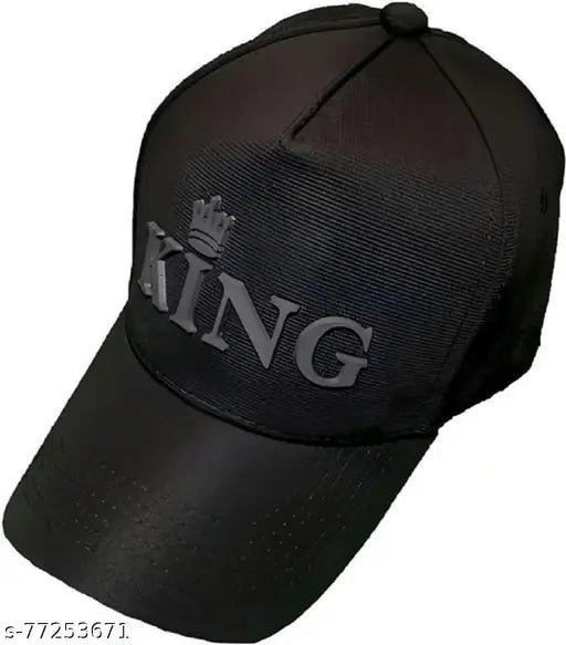 Stylish men's black cotton cap with kingruber print, solid design from India