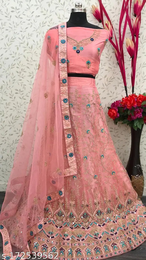 Pink net Lehenga Choli with exquisite embroidery work - Perfect for weddings and special occasions, featuring a free size lehenga, dupatta, and blouse piece. Multi-color design, ideal for various occasions including parties, festivals, bridal events, functions, trips, or as a gift for loved ones. Indian origin