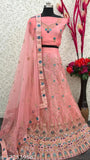 Pink net Lehenga Choli with exquisite embroidery work - Perfect for weddings and special occasions, featuring a free size lehenga, dupatta, and blouse piece. Multi-color design, ideal for various occasions including parties, festivals, bridal events, functions, trips, or as a gift for loved ones. Indian origin