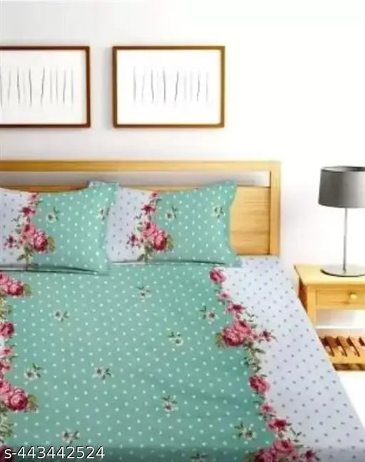 White cotton fitted double bedsheet with elastic & 2 floral pillow covers (#44), ideal for summer, by Gravia Homes