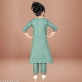 Girls all-over rayon embroidered kurta set with trousers, A-line style, knee length, three-quarter sleeves. Rayon fabric, sizes 4-5 years to 15-16 years, made in India