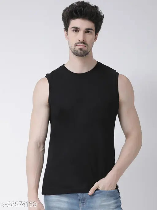 Black cotton men's gym vest, sleeveless design for workout comfort and unrestricted movement
