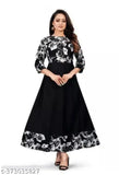 Black crepe Anarkali Kurti, three-quarter sleeves, printed combo for women's parties, India origin