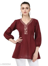 Maroon rayon embroidery top, three-quarter sleeves, SAAKAA women's fashion on hanger