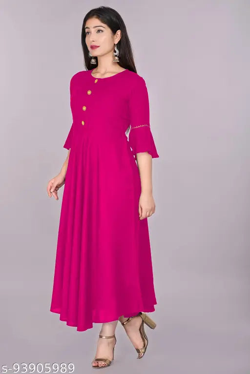 Rayon pink solid flared kurti for women, 3/4 sleeve length, hand washable