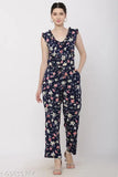 Printed women's floral blue casual back chain with front dori v-neck jumpsuit, crepe fabric, sleeveless, checked pattern