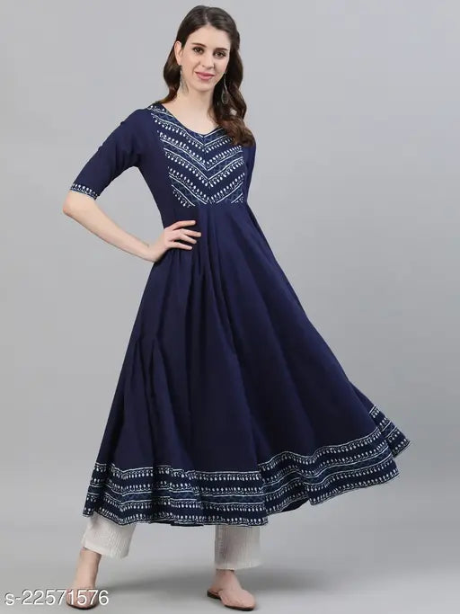 Fancy cotton printed kurti, blue solid flared anarkali with printed yoke & border - Indian traditional clothing