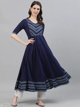 Fancy cotton printed kurti, blue solid flared anarkali with printed yoke & border - Indian traditional clothing