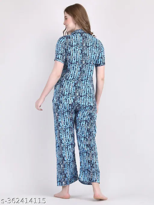 Sky blue printed rayon night suit, lightweight and tie-dye design, size S-XXXL