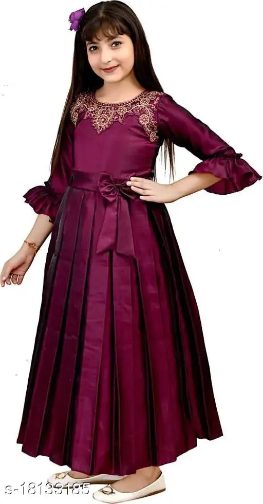 Silk maxi dress, AYUB FASHION girls partywear for ages 3-11 years, solid pattern on display rack (India)