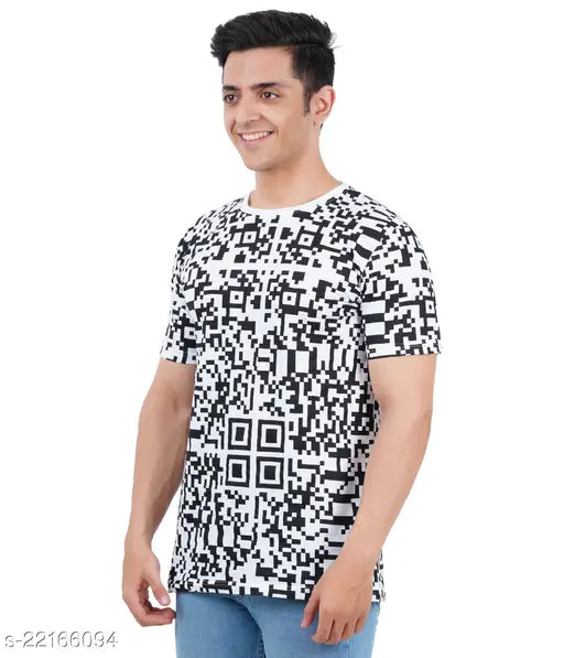 Attractive men's cotton blend short sleeves printed T-shirts, vibrant design, size S, XS, M, L, XL, XXL. Made in India