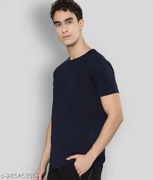 Navy Blue Cotton-Blend Round Neck T-Shirt for Men - Soft, Durable, Tag-Free