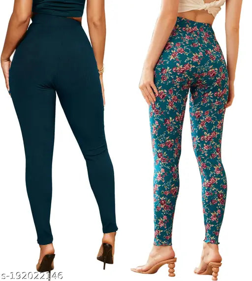 Imported printed leggings for women, high-quality Lycra with black lining. Pack of 2, sizes available from 26 to 36 inches (waist, length, hip). Made in India