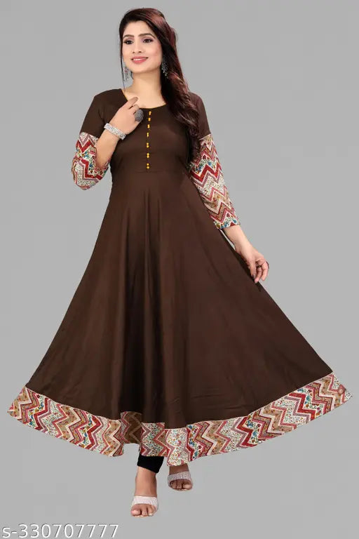 Rayon coffee color long solid border Anarkali Kurti, three-quarter sleeves, casual women's dress for office or parties, trending fashion with embroidery details